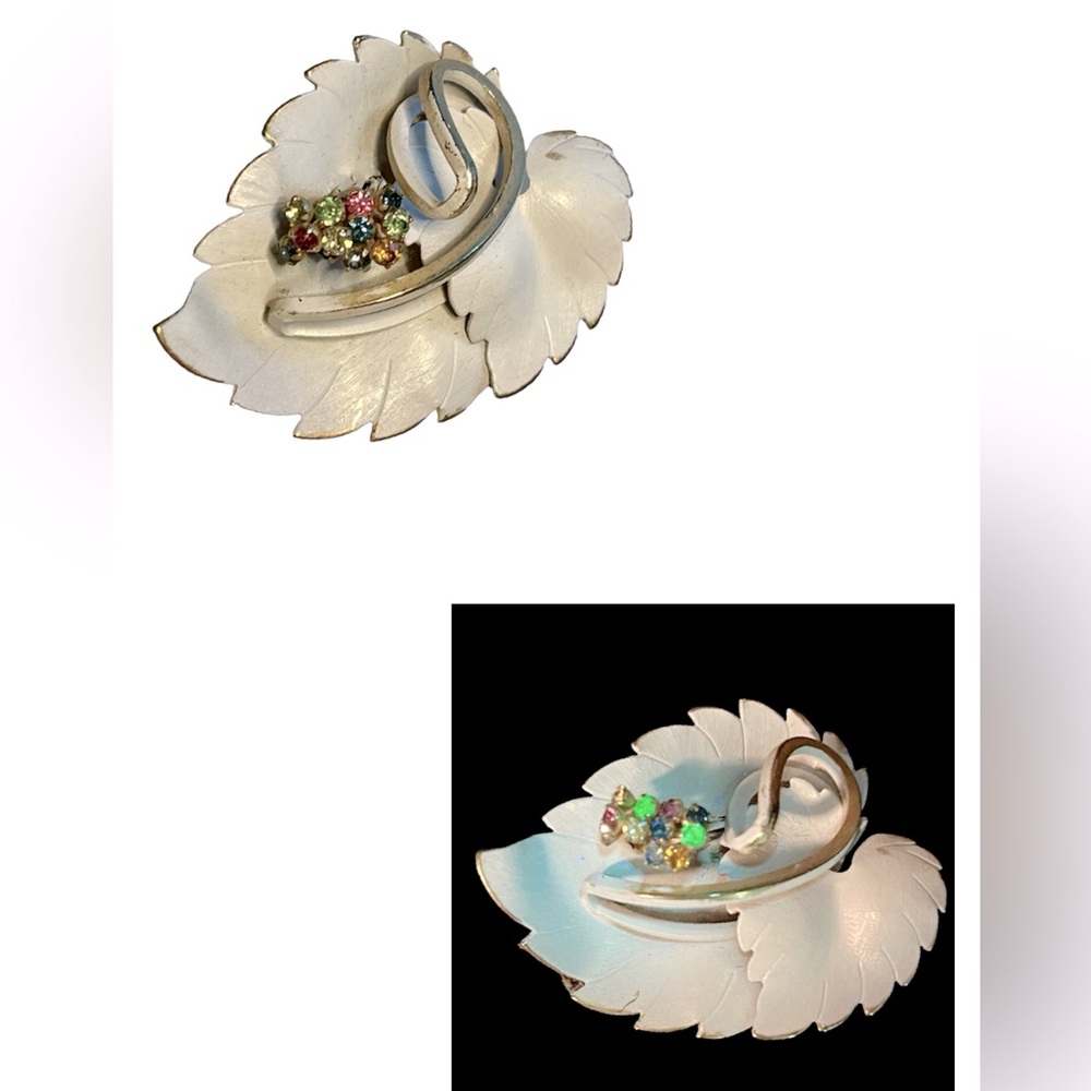 Vintage White Enamel Pin With UG Rhinestones